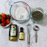 In this picture you can see all ingredients for Strawberry Chia Pudding