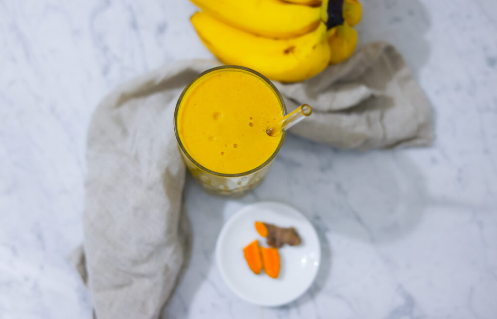 In this picture you can see a Turmeric Papaya Smoothie