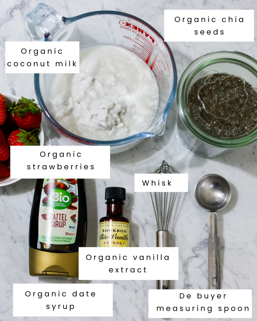 In this picture you can see all ingredients for Strawberry Chia Pudding