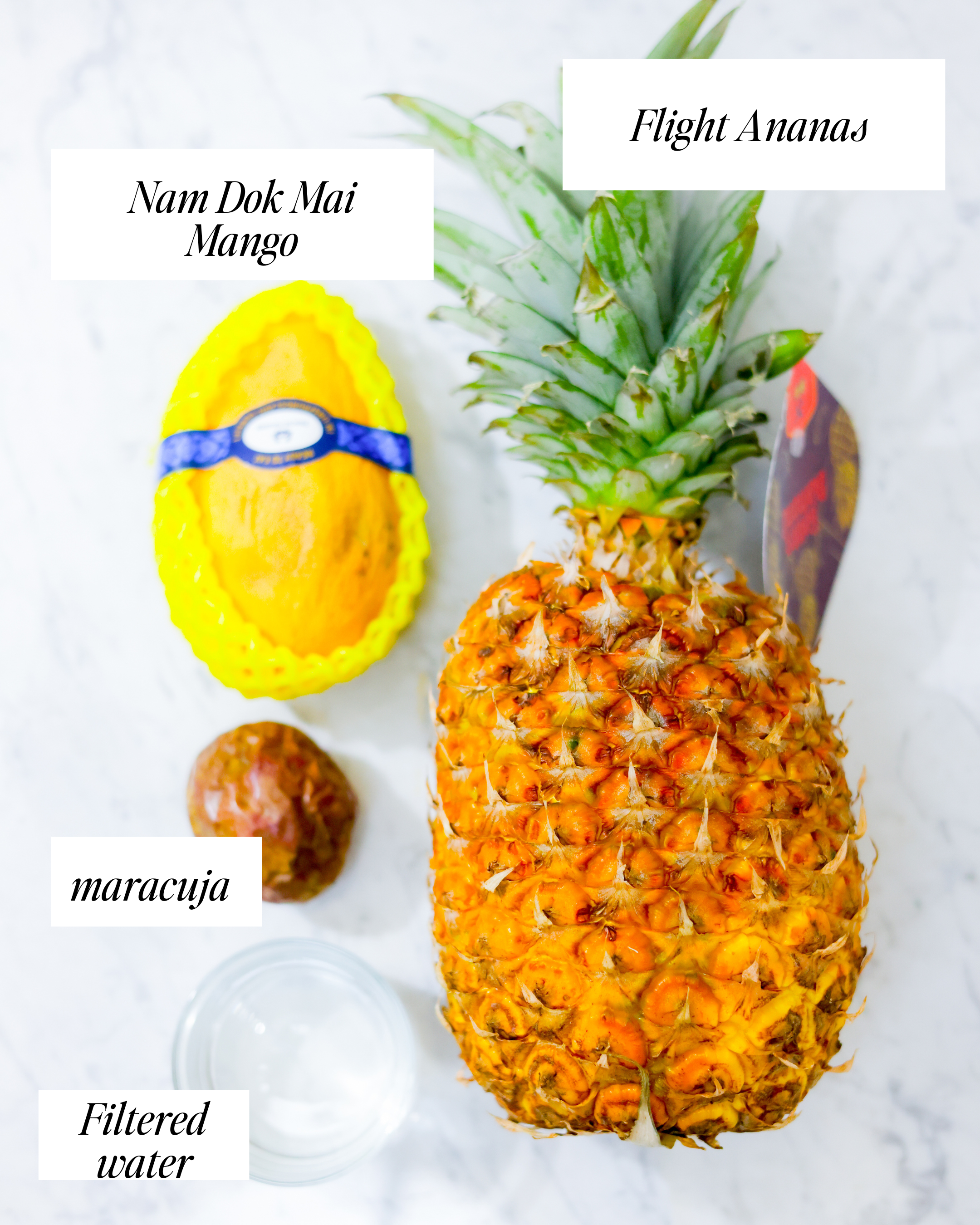 In this picture you can see the Mango Pineapple Smoothie ingredients. A Nam Dok Mai Mango from Thailand, a flight pineapple, a passion fruit and a cup of filtered water