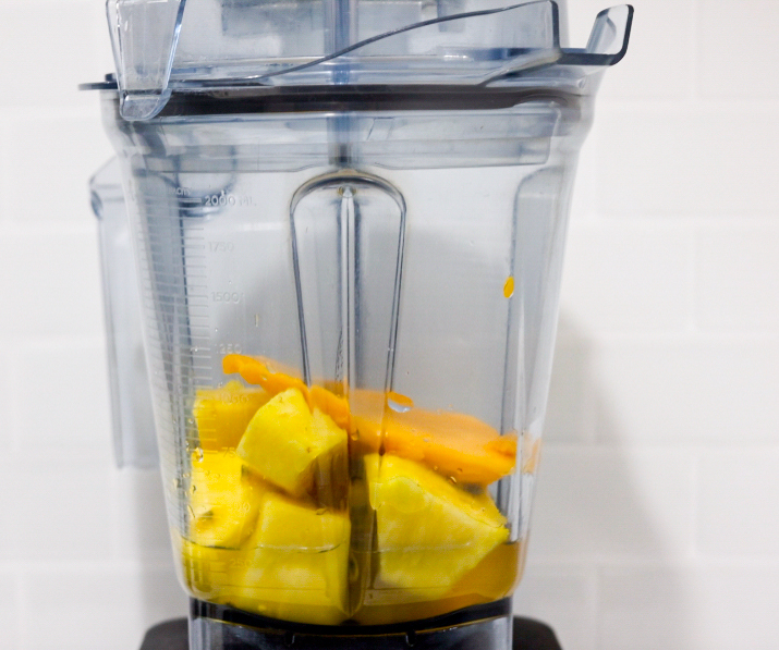 In this picture you can see the pineapple spears, nam dok mai pieces and passion fruit combined with filtered water in the vitamix container